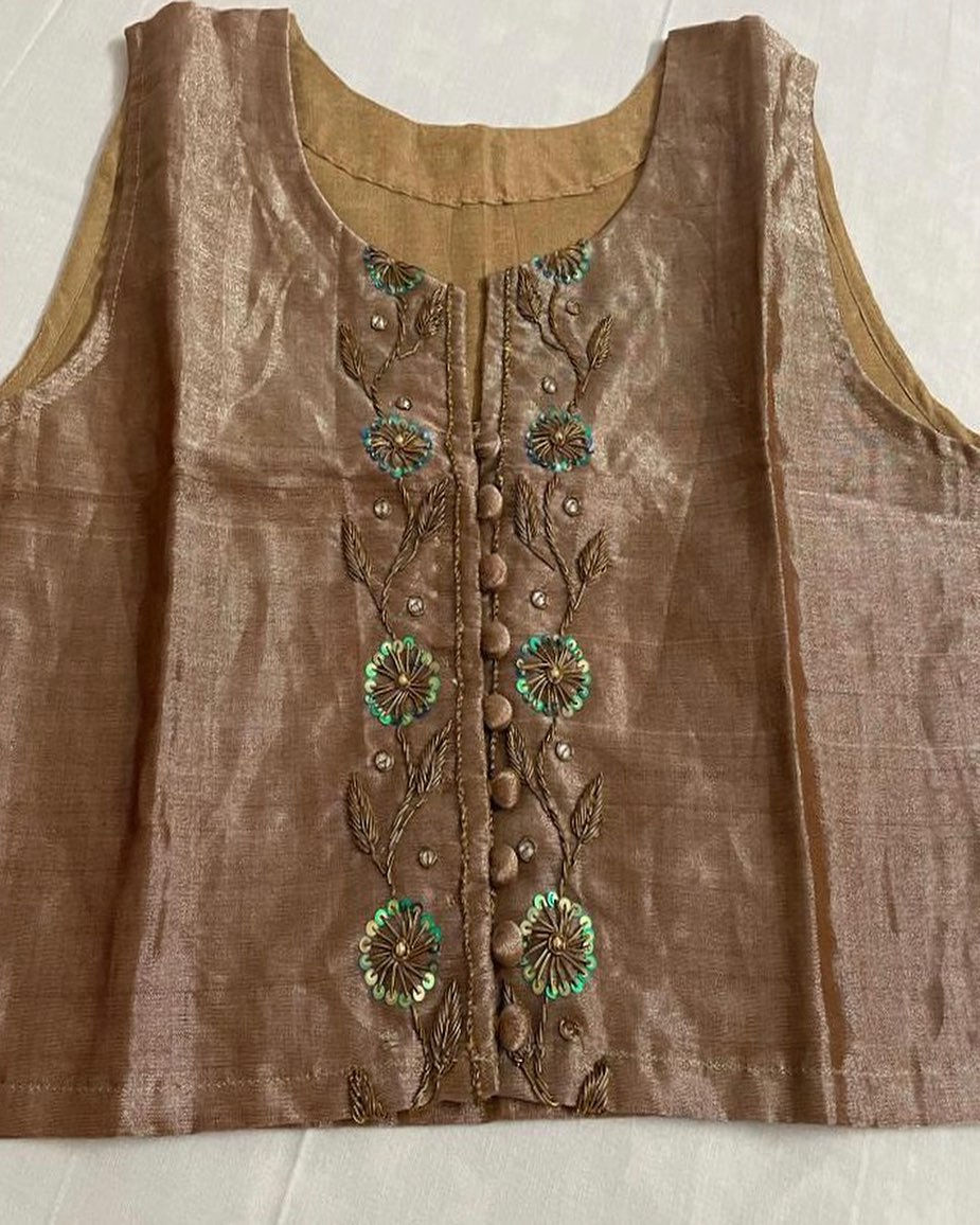 Thumbnail: Zardosi Tissue handloom hand embroidered blouse crop top