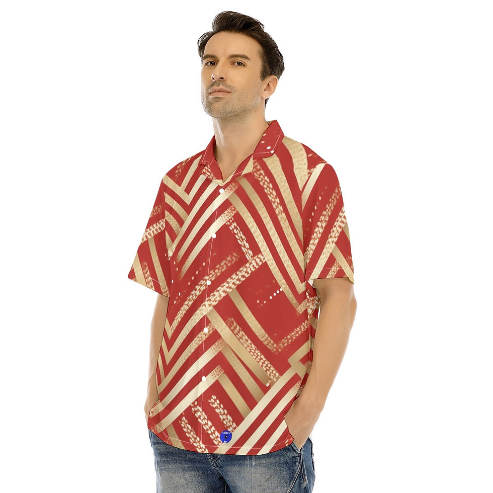 Thumbnail: Red / Gold Geometric Print Men's Hawaiian Shirt With Button Closure. (SPI)