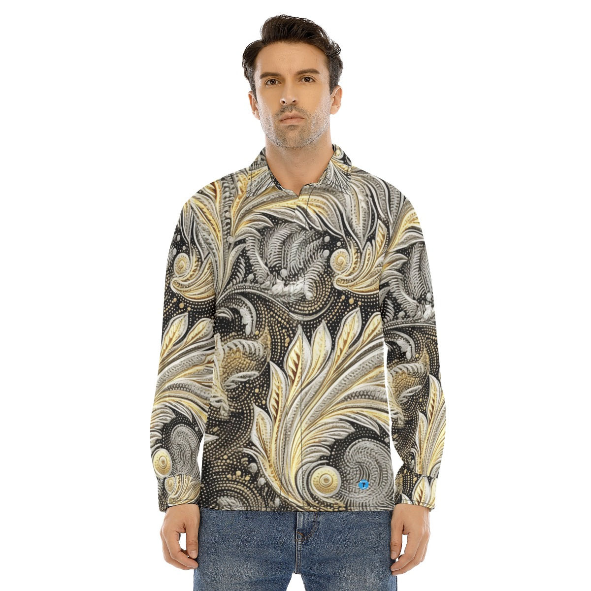 Gold silver embroidery Men's Lapel Collar Shirt With Concealed Placket. (SPI)