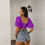 Thumbnail: Purple Women's Square Collar Cropped Top With Puff Sleeve. (SPI)