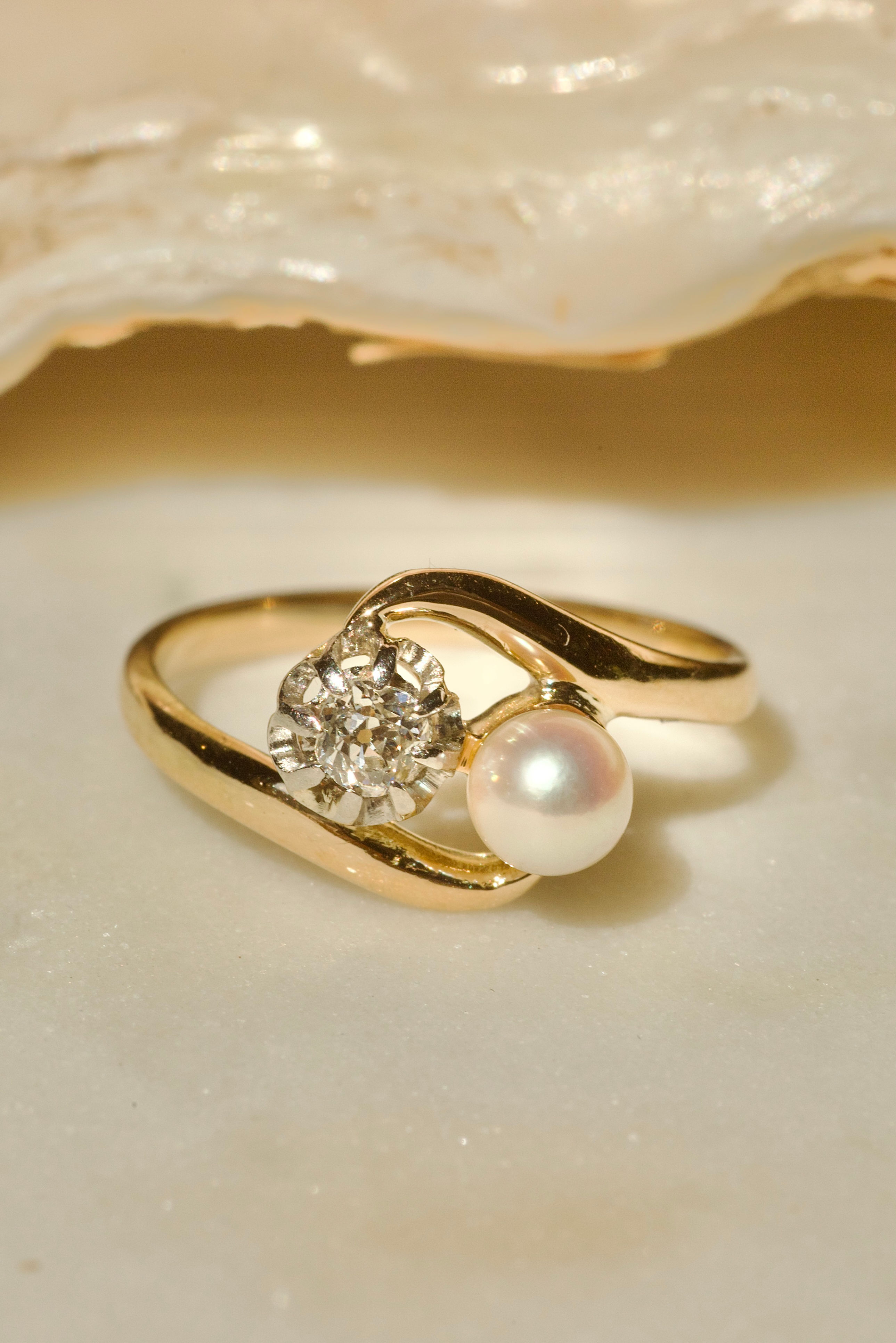 Bague diamant Old mine & perle