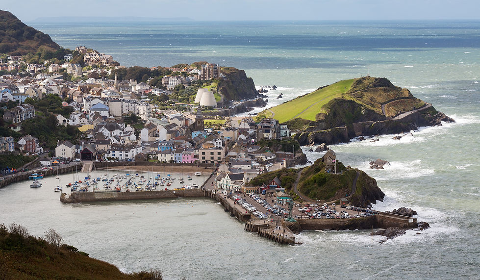 Aerial image of Ilfracombe harbour with boats in the water and Verity on the quay