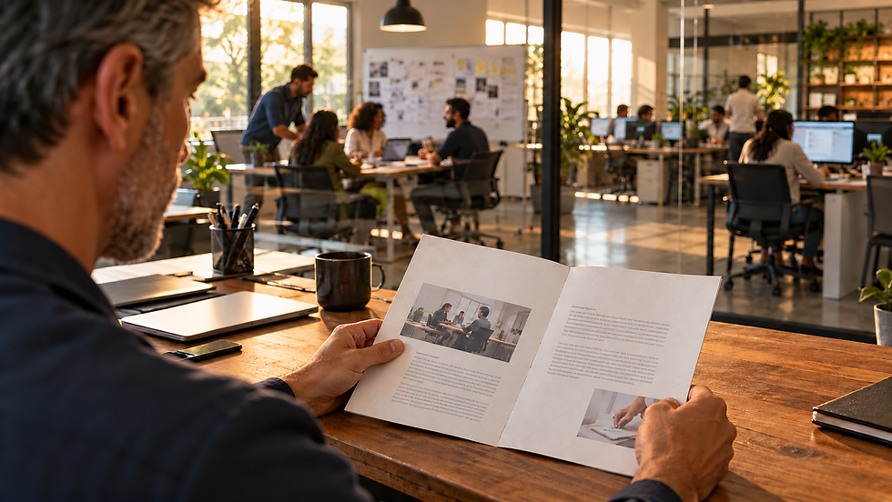 Imagem ilustrativa de um empresário revisando um material institucional impresso, com a equipe trabalhando em um escritório ao fundo.