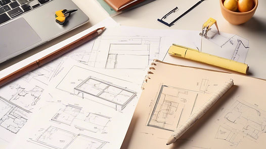 work desk with designs, blueprints.jpg