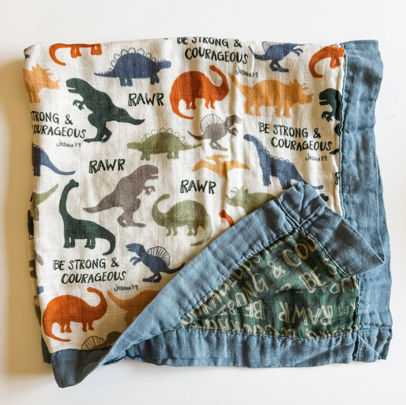 Dinosaurs "Be Strong and Courageous" Luxury Double Sided Muslin Blanket