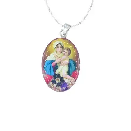 Virgin of Schoenstatt Medium Oval Pendant w/ Pressed Flowers 18-inch