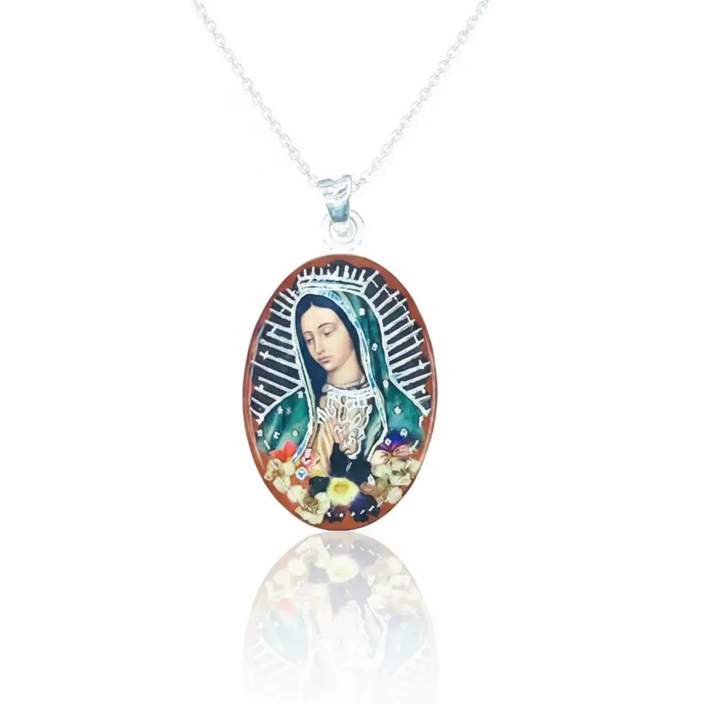 Virgen De Guadalupe Large Oval Portrait Pendant w/ Pressed Flowers 18-inch