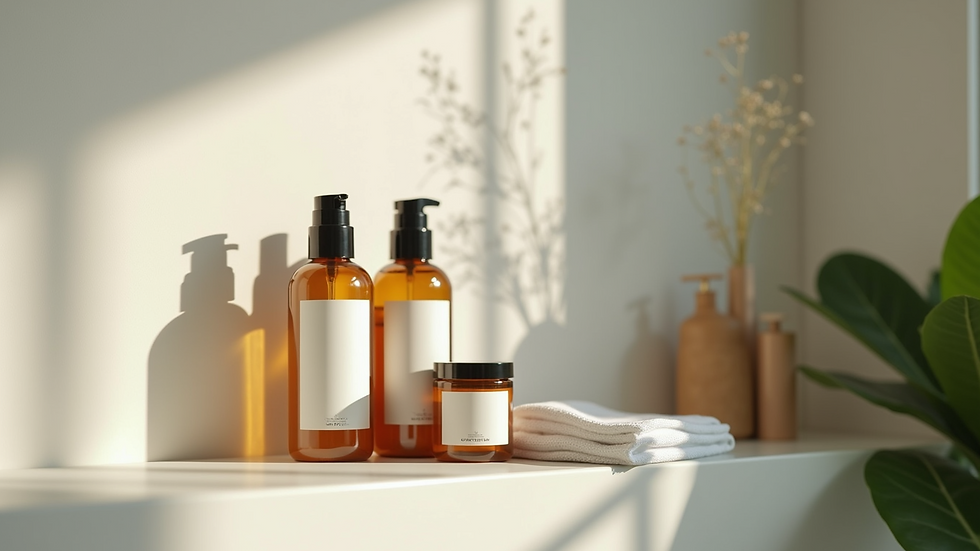 Eye-level view of eco-friendly hair care products arranged on a bathroom shelf