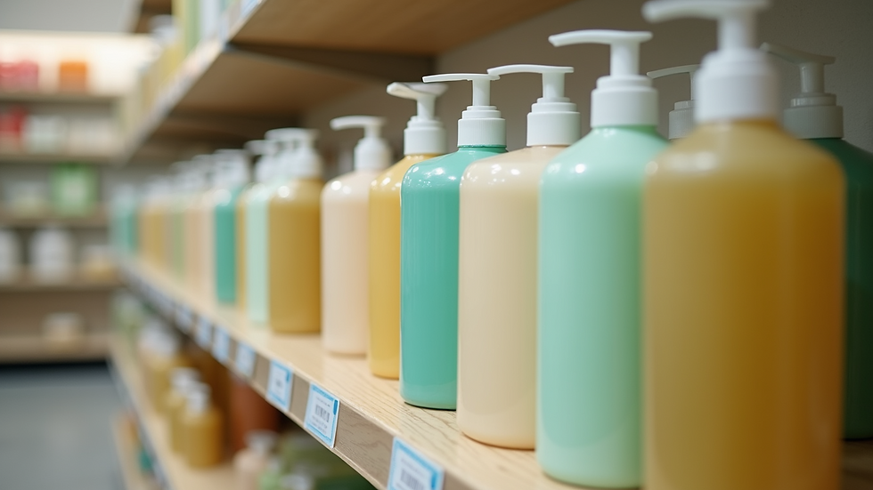 Eye-level view of refillable shampoo bottles on eco-friendly store shelf