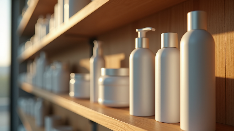 Eye-level view of hair care products on a wooden shelf