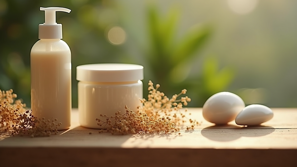 Close-up view of natural hair products on a wooden surface