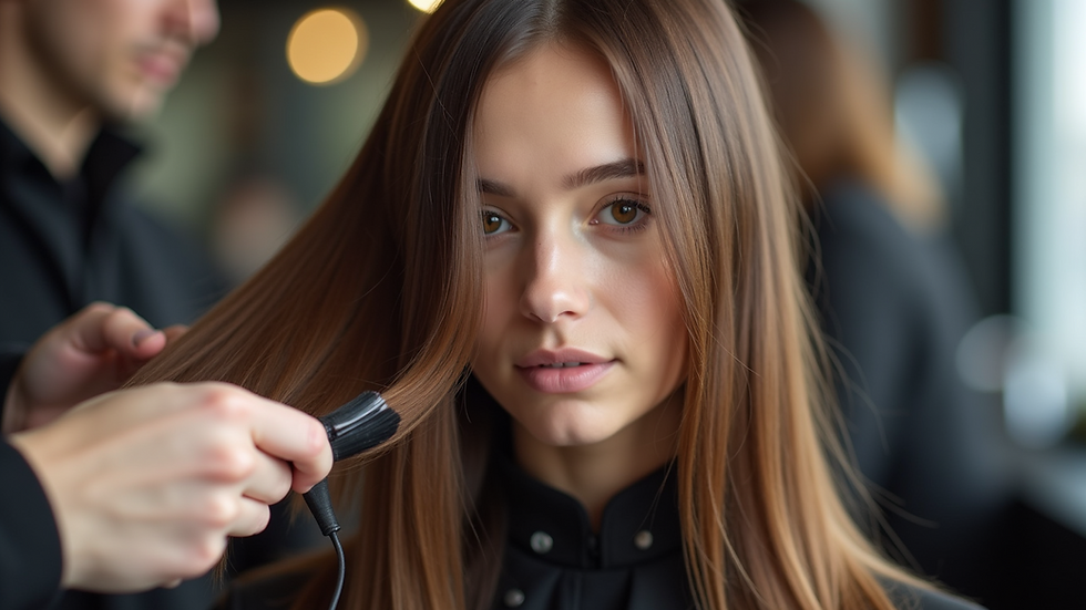 Eye-level view of hairdresser applying hair colour to long hair