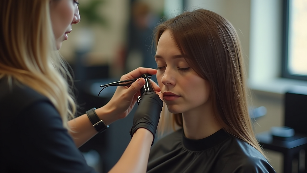 High angle view of hair coloring happening in the salon