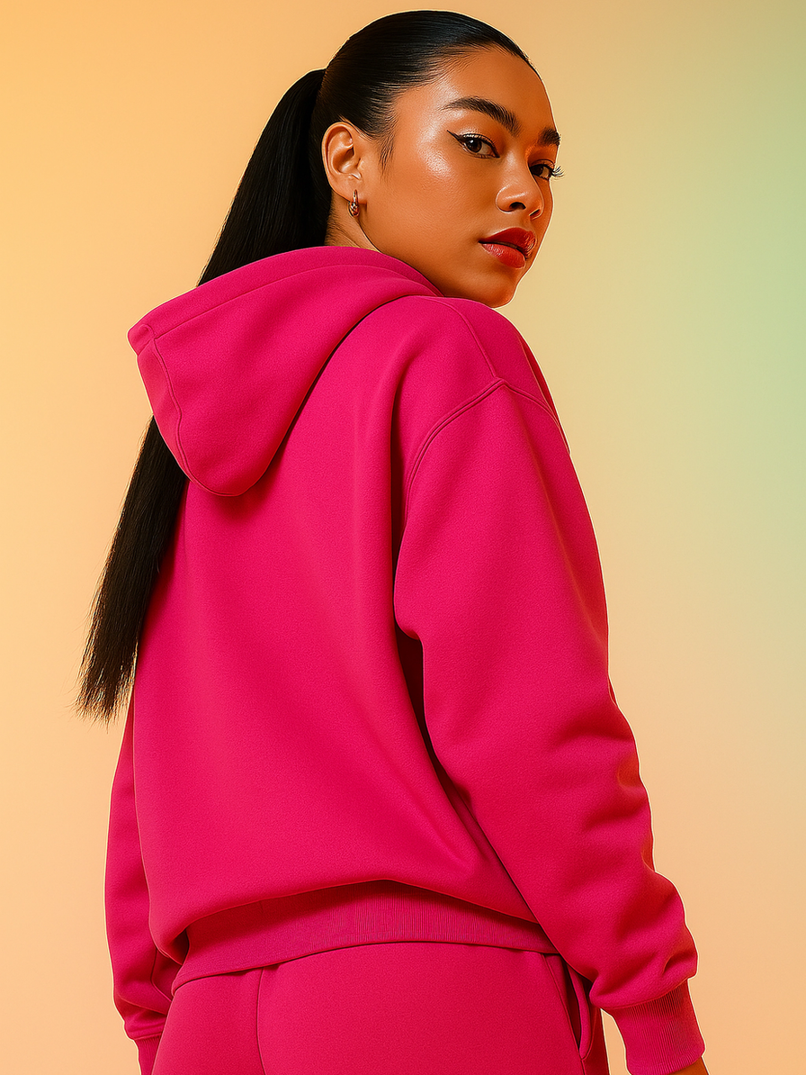 Woman in pink hoodie looking back
