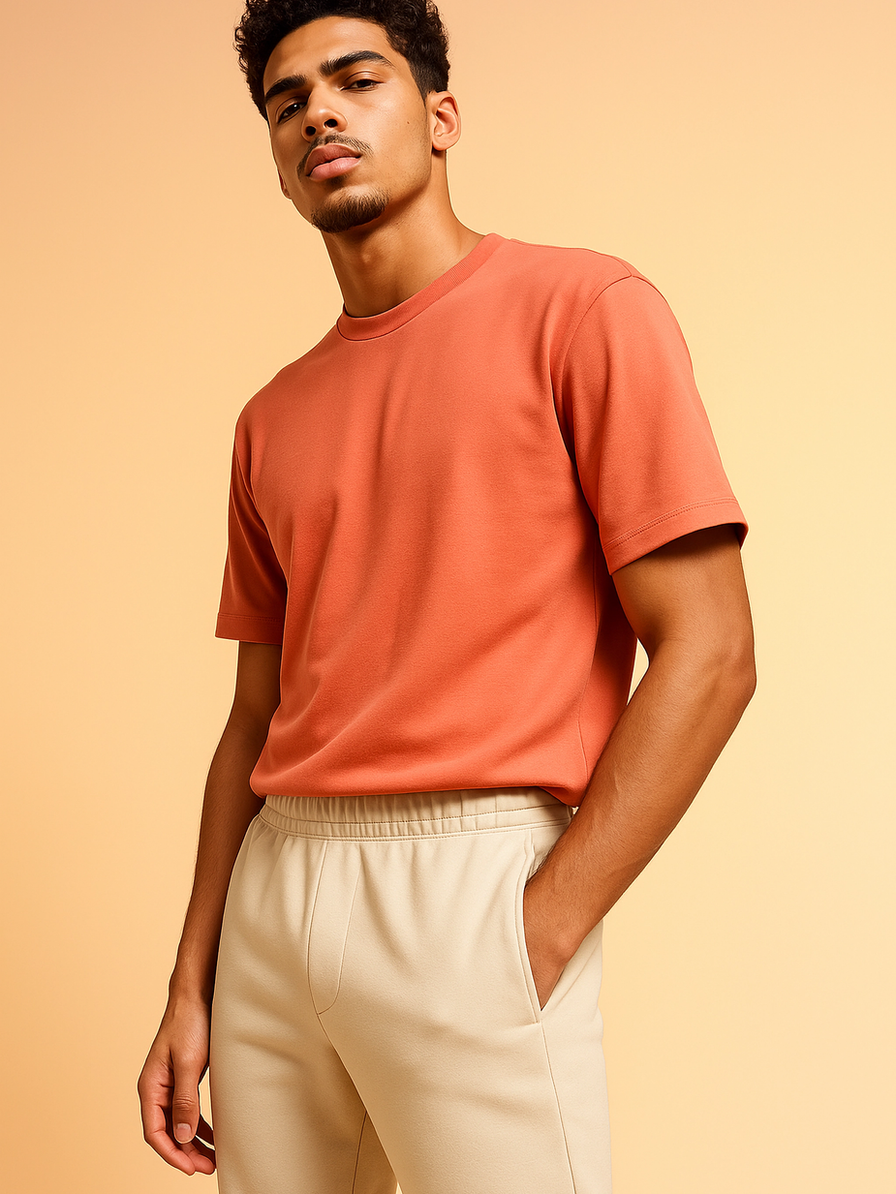 Man models coral T-shirt and beige joggers