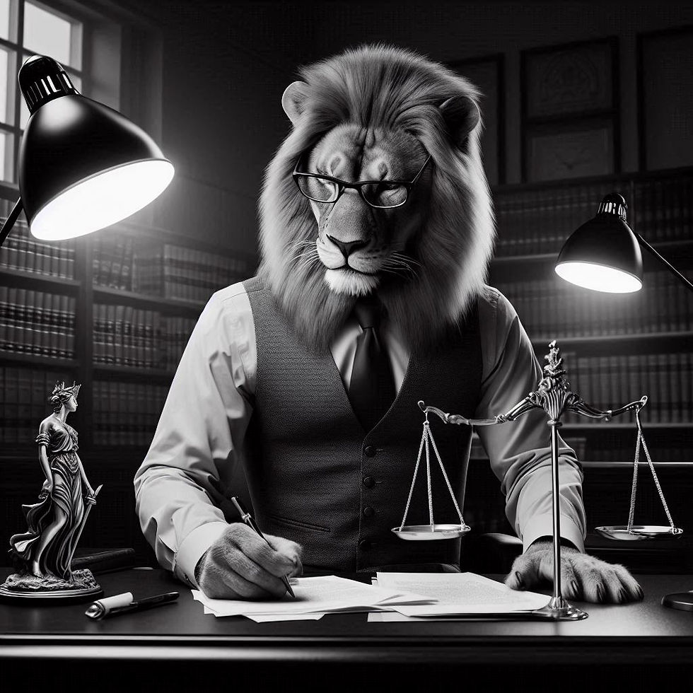 A realistic image of a lion doing paperwork in a law office, wearing an open-necked button