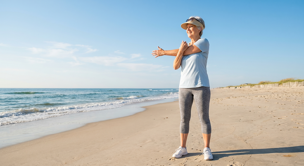 A healthy senior woman smiling and stretching on a sunny New Jersey beach, enjoying outdoor fitness.