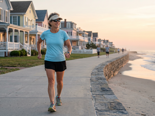 A healthy senior walking comfortably on the Cape May promenade during the best times of day for outdoor workouts in Cape May.