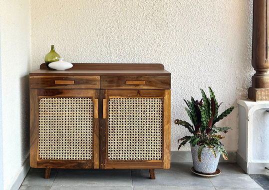 Hard wood shoe rack with cane weave door panels