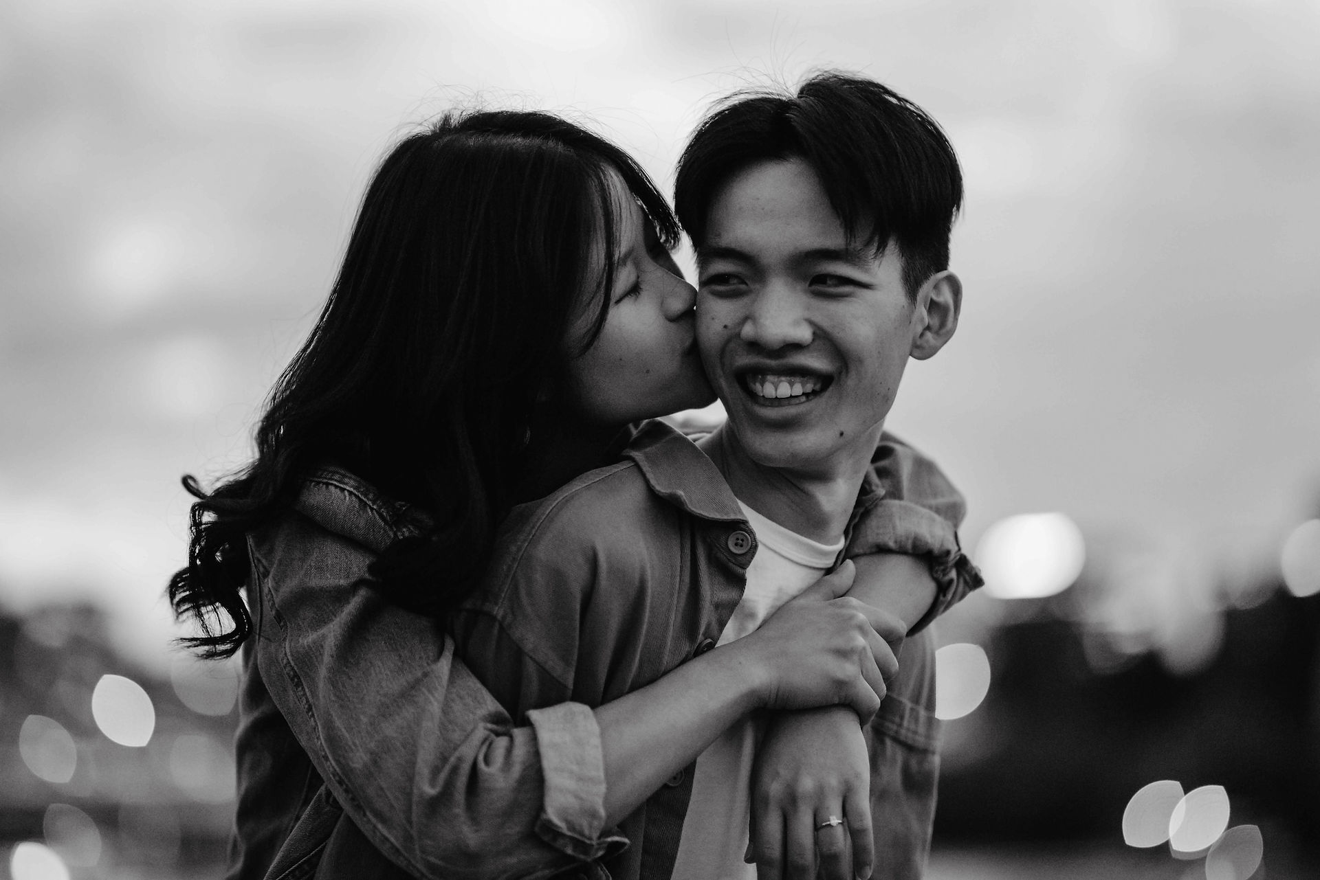 Engaged asian couple photography black and white