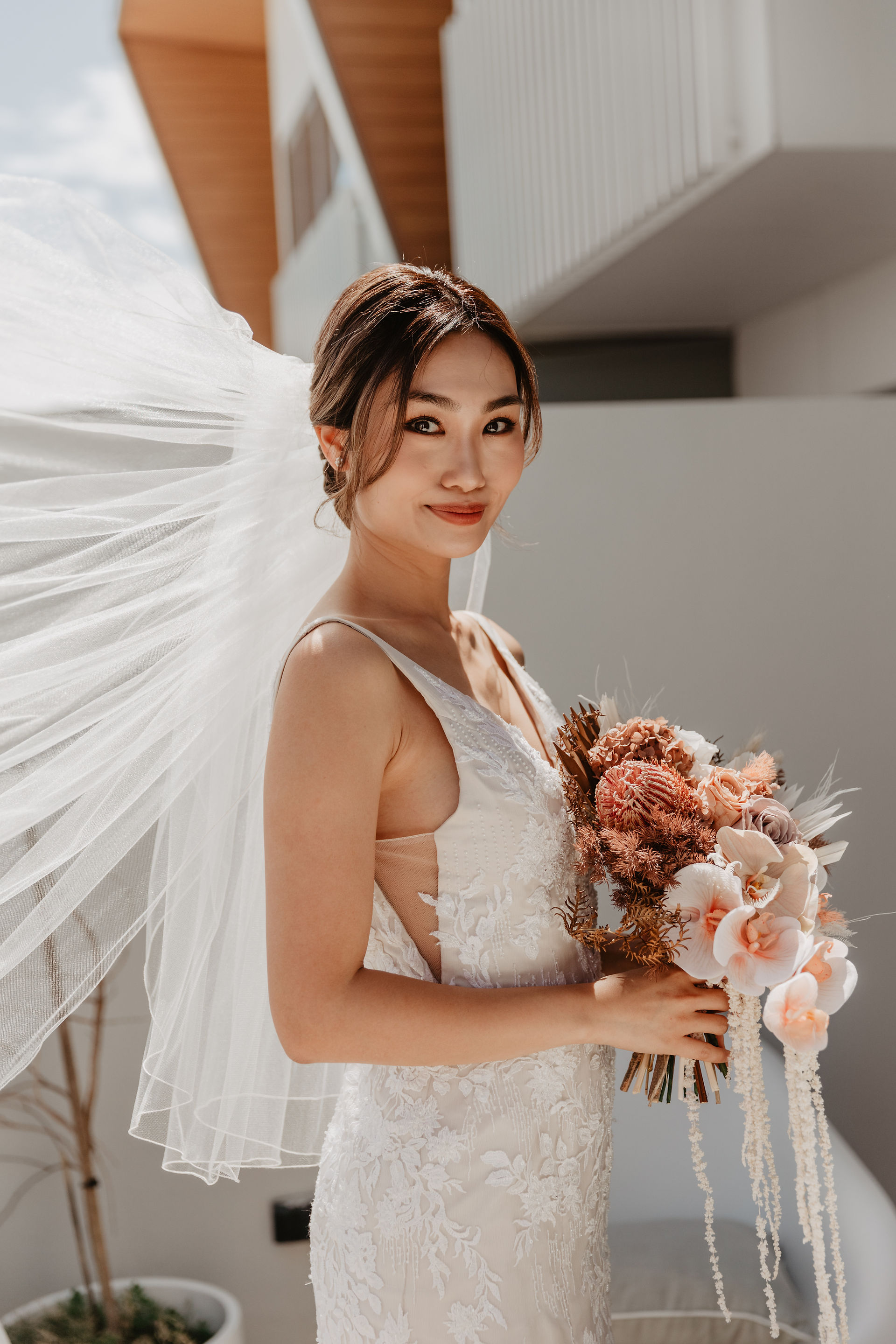 asian bride modern wedding minimal dried flowers long veil