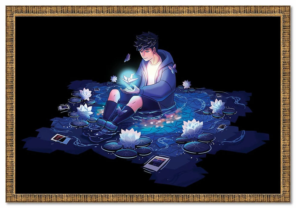 Boy holding a glowing orb surrounded by floating lotuses