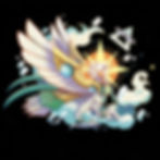 A mural of an eagle‑like deity with a glowing sun or star as its halo. Its wings are spread wide with two teal crystals, and its feathers are decorated in teal and gold. Soft clouds surround it while small birds fly in the distance.