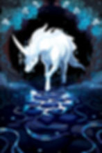 A White Unicorn walks out of a gate made up trees and white flowers. A river that leads into the gate reflects the light of the unicorn like moonlight.