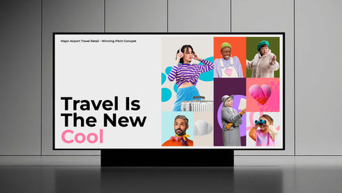 Cover slide for a travel retail pitch titled Travel Is The New Cool, featuring vibrant, modern lifestyle photography and colorful typography against a clean, professional backdrop.