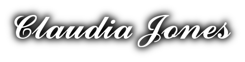 Claudia Jones, in white script with black shadow
