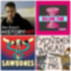 The artwork for each podcast. clockwise from top left: Dan snow looking at camera, a pink drawing of a sand timer, an embroidery style cartoon of two historical men pointing at each other, a logo with two saws, a bone and two snakes.