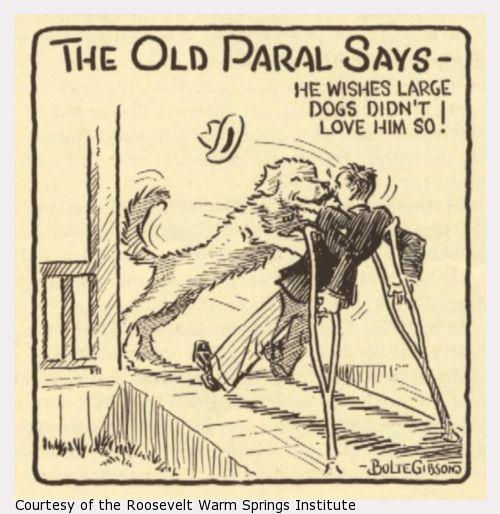 A man is greeted at the door by a very large dog that nearly knocks him over. Reads: "The Old Paral says: he wishes large dogs didn't love him so!"