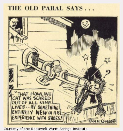 A man throws a leg brace at a cat out of his window. The cat is surprised. Reads: "The Old Paral says... That howling cat was scared out of all nine lives by something entirely new in his experience with shoes!"