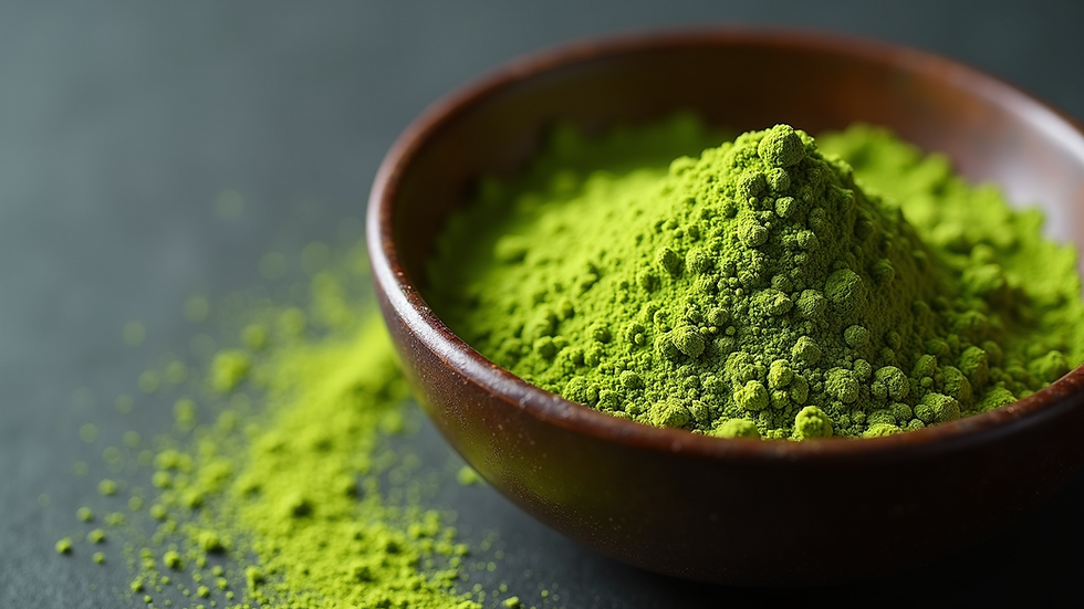 Close-up view of vibrant green matcha powder in a traditional bowl