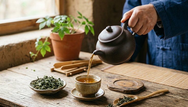 Eye-level view of jiaogulan tea being poured into a small ceramic cup.