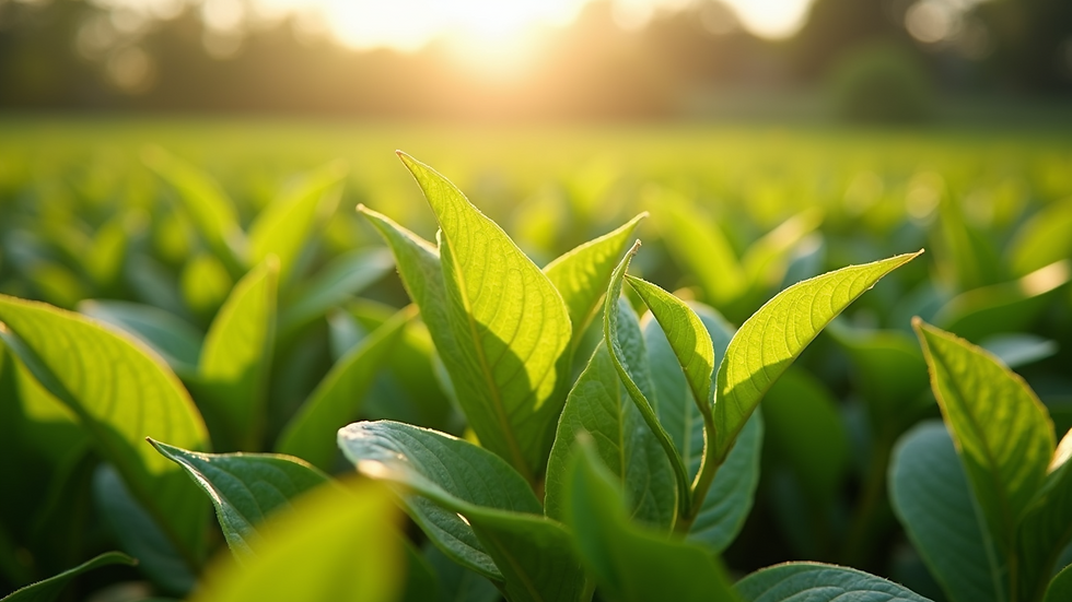 Close-up view of fresh organic tea leaves growing in a sunlit garden