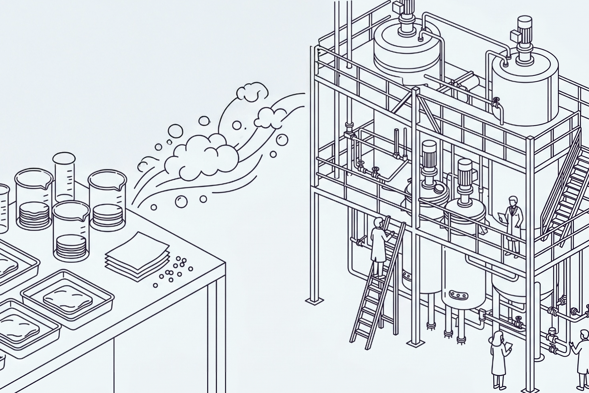 A clean line drawing with a light blue background, where the left side is a laboratory and the right side is a pilot plant. The laboratory shows a microscope, an analytical balance, an Erlenmeyer flask, multiple beakers and culture media trays containing bacterial cellulose (bc) pellicles, and next to it, some bc foam beads and sheets. The pilot plant, a tall structure of stainless steel tanks, motors, ladders and control panels, has researchers in lab coats integrated into it, as some simplified illustrations. A cluster of lines, bubbles and clouds connects the lab beakers to the monumental pilot plant structure, indicating a left-to-right transition. All line work is precise and black.
