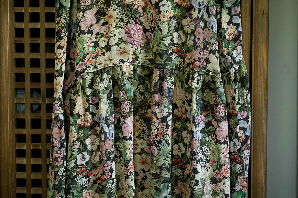 photo of inside of a floral dress, hem finishes, sewing example