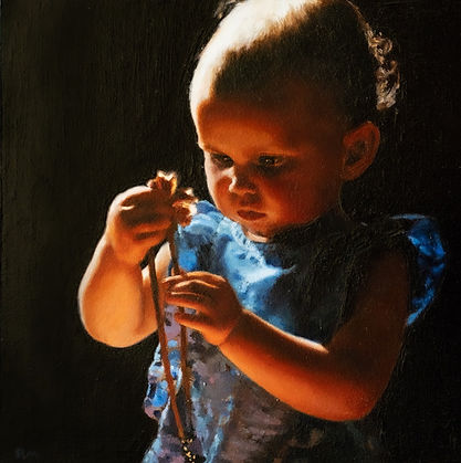 A toddler holds a necklace in a dark room. She examines it closely and holds it gently. Bright reflected light illuminates her face with orange/red light. Oil painting.