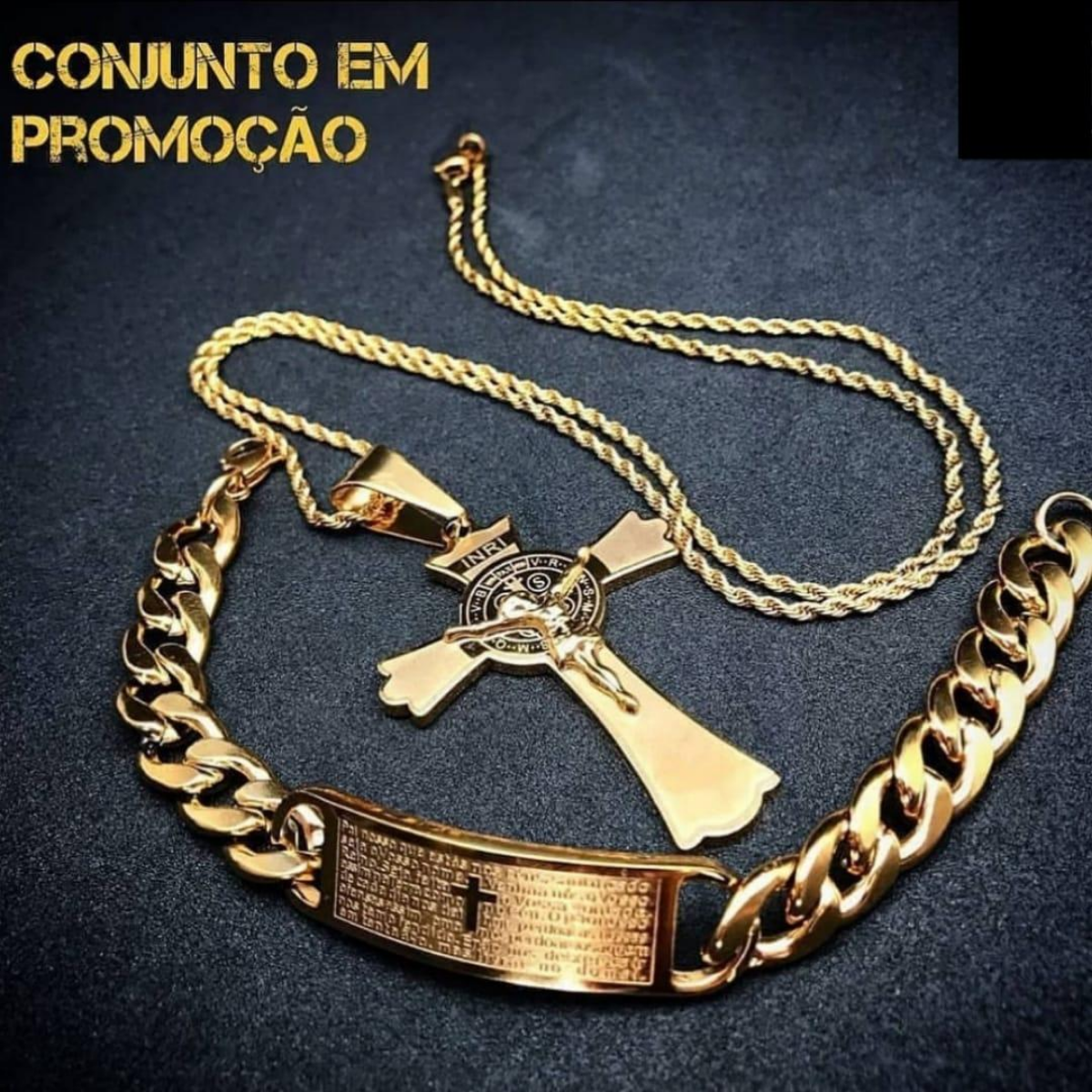 Conjunto Pingente Crucifixo e Pulseira Banhado a Ouro 18k
