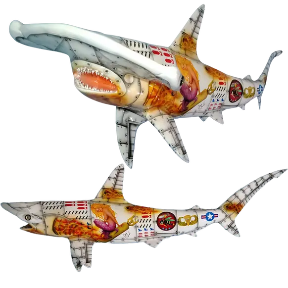 Dual perspective of hammerhead shark mount featuring lateral and frontal views showcasing detailed nose art and riveted paneling.