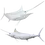 Thumbnail: Gloss white blue-eyed Blue Marlin mount replica in dual-view — angled 3D pose above, wall-mounted flat view below.