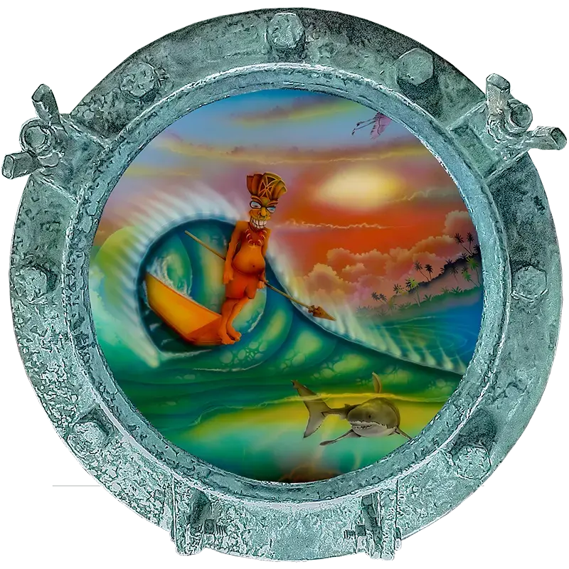 Vibrant airbrushed painting of a tiki figure surfing a wave, from Tiki Shark Hunter by Greg Cassell.