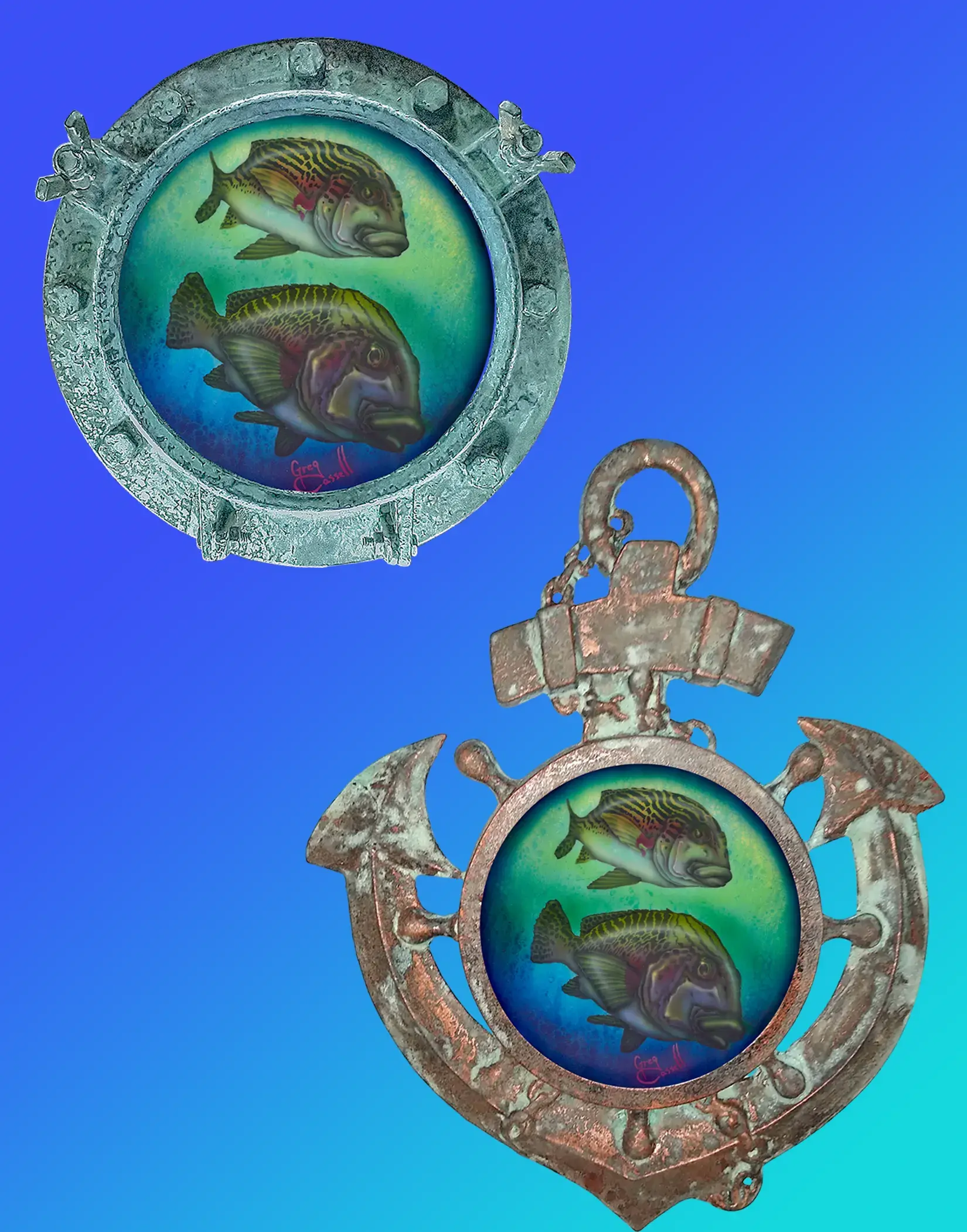 Tropical Fish Decorative Porthole and Anchor, showcasing handcrafted resin frames with vibrant tropical fish art, ready to sh