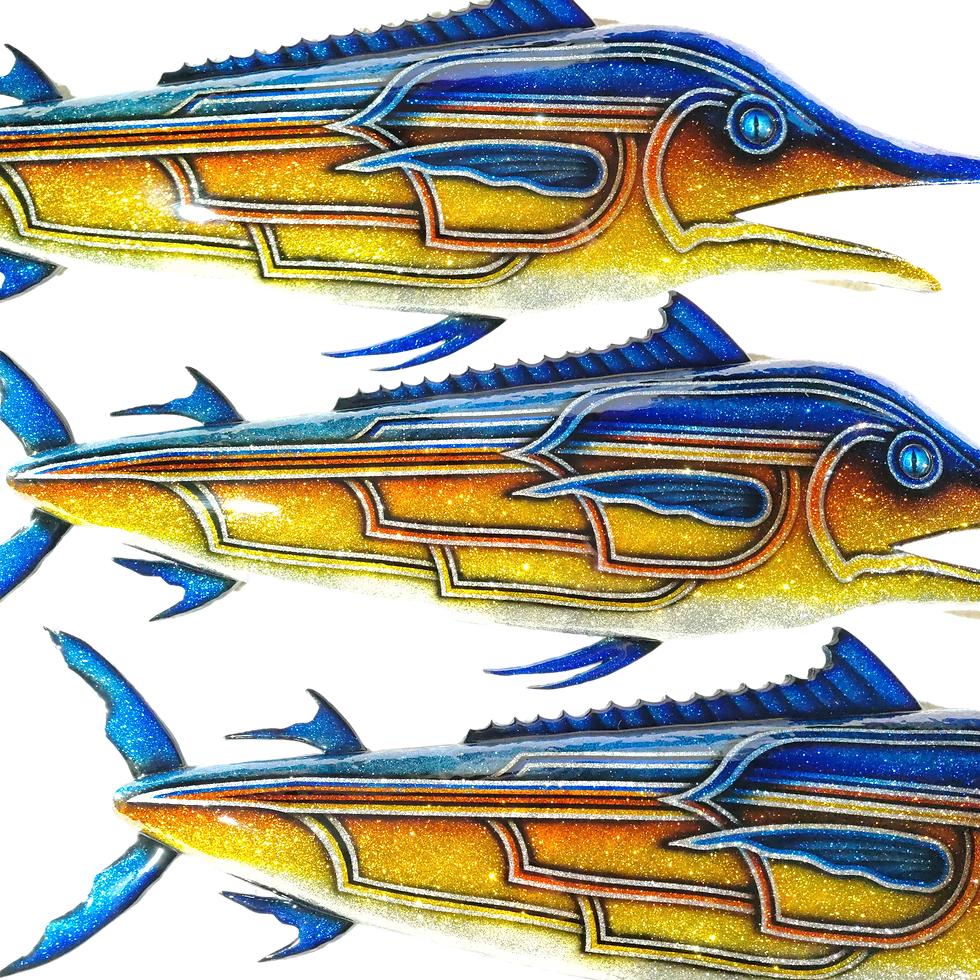 Thumbnail: Wooden Lowrider Marlin sculpture with metal flake finish, combining traditional craftsmanship with bold, vibrant colors.