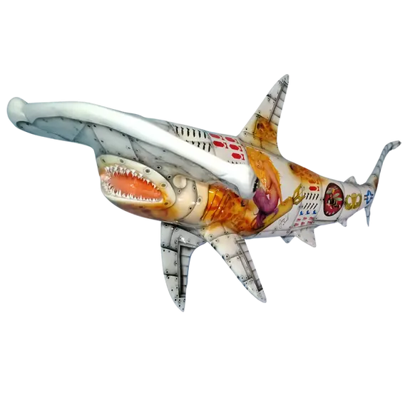 Frontal close-up of hammerhead shark mount showcasing hand-sculpted teeth and detailed nose art on black background.