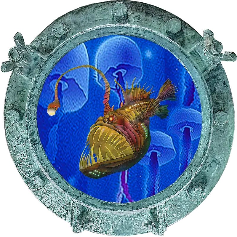 Deep Water Anglerfish Decorative Porthole featuring glowing jellyfish and a resin-crafted frame