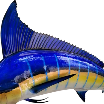106-inch striped marlin replica, left-facing profile, electric purple dorsal raised, cobalt blue lit-up phase, Greg Cassell
