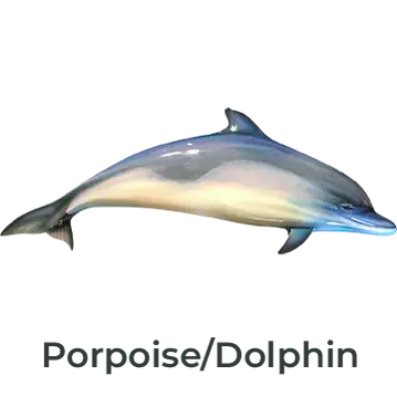 Decorative Porpoise fiberglass sculpture, handcrafted for coastal-inspired spaces. 