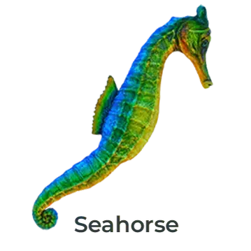 Decorative Seahorse fiberglass sculpture, 4-foot half mount, painted by Greg Cassell. 